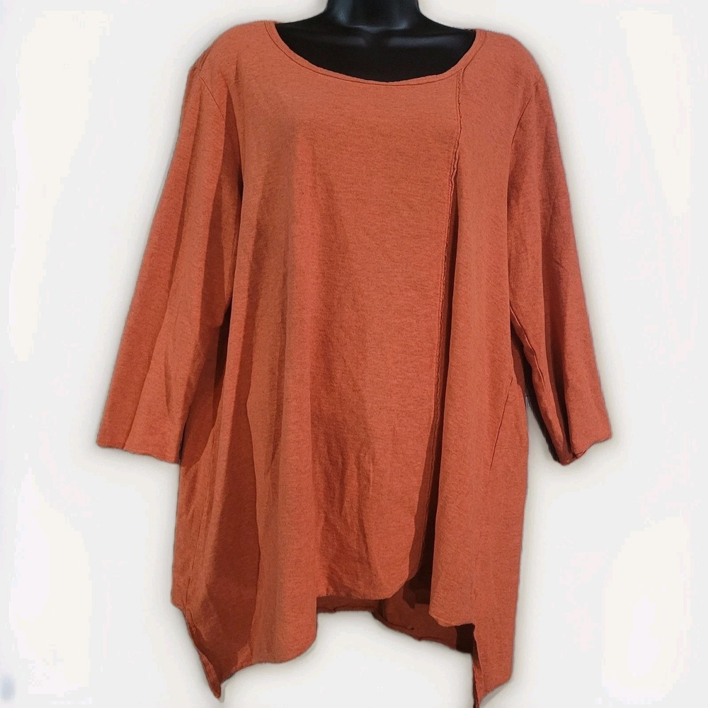 Fenini Lagenlook Tunic Top Sz M Oversize Orange 3/4 Slv Seam Details Art to Wear